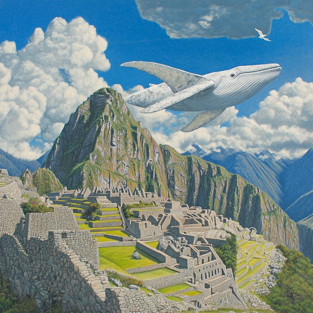 Moby Dick flying over Machu Picchu ruins