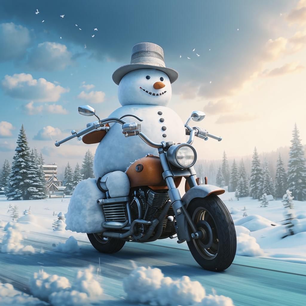 Snowman with motorcycle