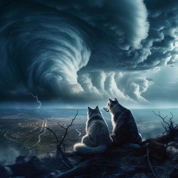 Atop the Mountain Ridge: Huskies and the Storm's Might in the Night