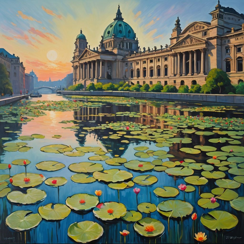 Domed building and water lily canal