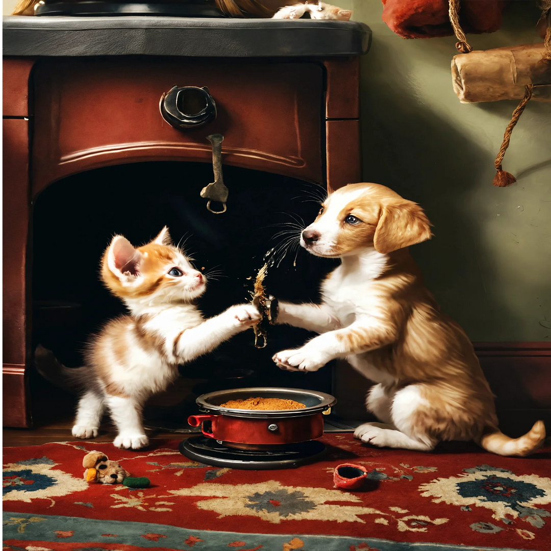 kitten and a dog are playing