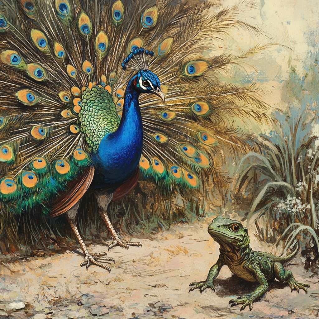 A peacock and a lizard