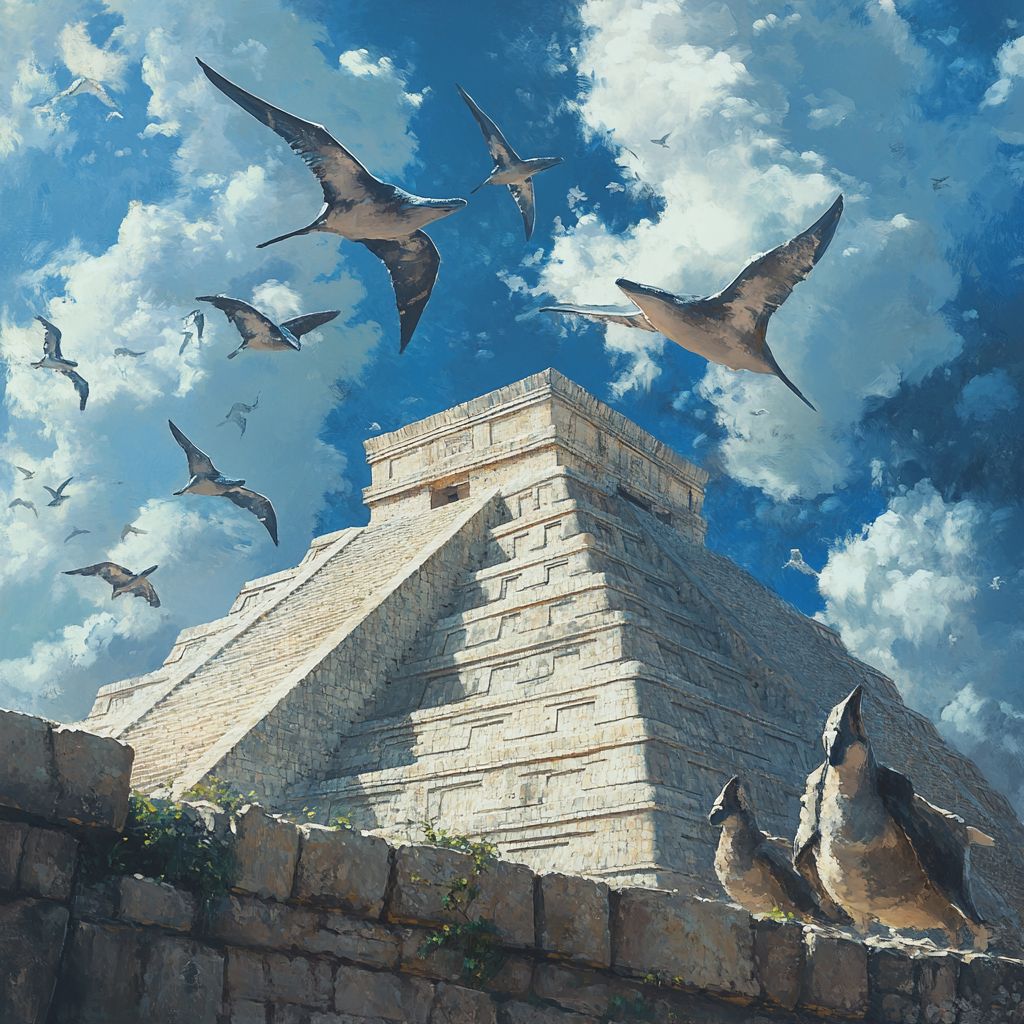 Seabirds flying over Chichen Itza ruins