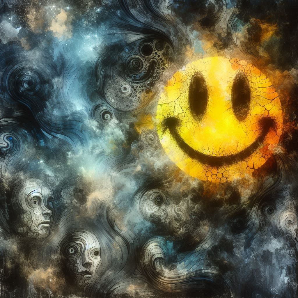 an abstract artwork expressing depression with a happy face, featuring a dark, hazy background with swirling shades of blue, gray, and black, a bright, vibrant yellow smiley face with exaggerated features and sub