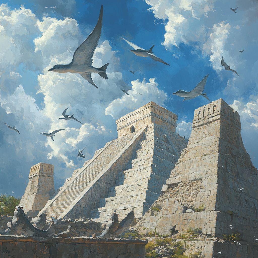 Seabirds flying over Chichen Itza ruins