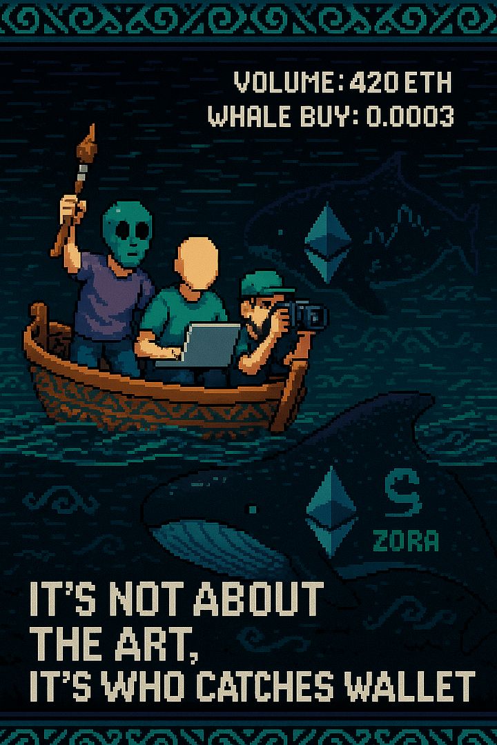 Hunting Whales: The Onchain Creator Saga

In the vast ocean of Zora, creators aren’t just expressing — they’re surviving.
Armed with brushes, mics, and code, they drift on fragile rafts, hoping for a glimpse of that mythical creature: the Whale.

They say it’s about community.
But deep down, we know… one wallet can change everything.

Will your art swim… or sink?