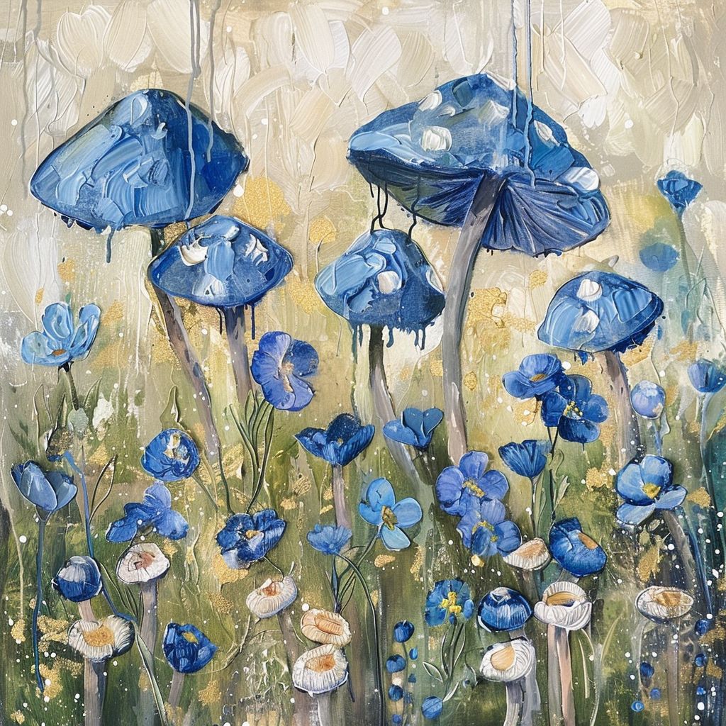 Meadows and blue mushrooms