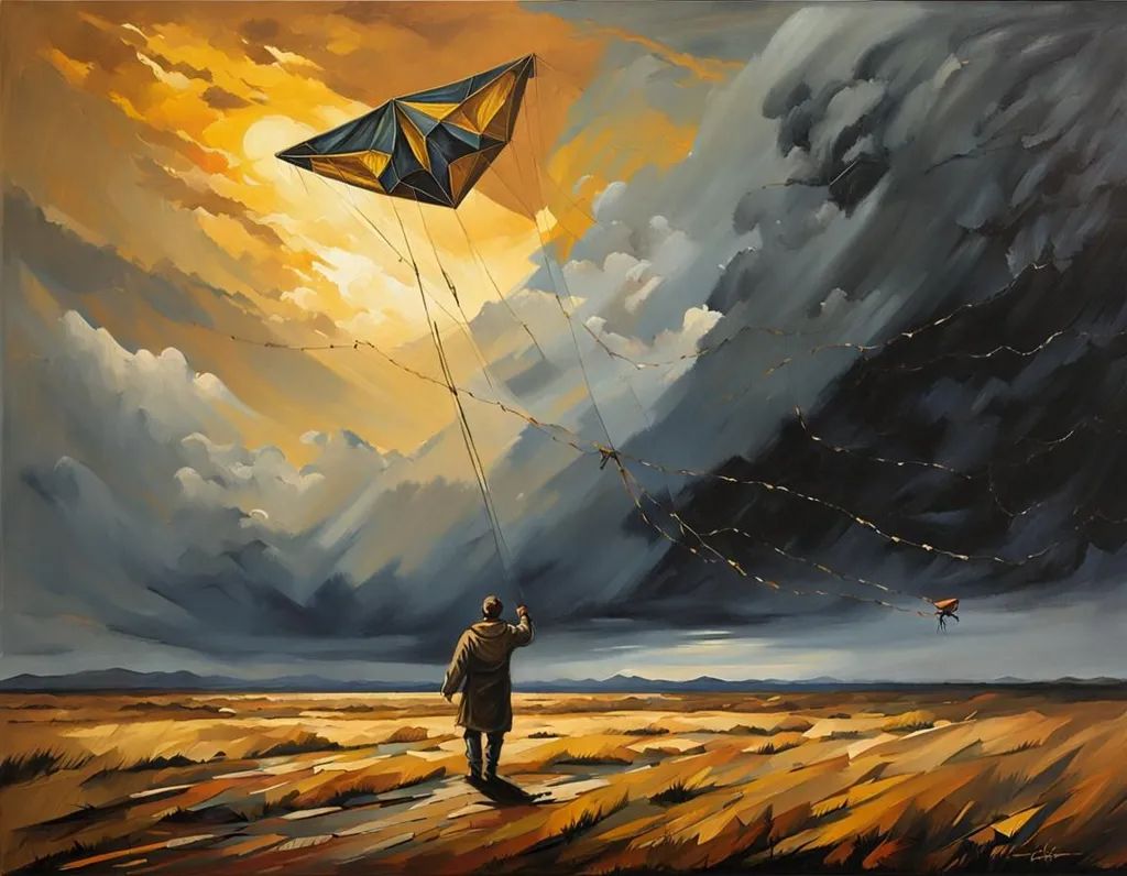 Man flying kite on windy, cloudy day in oil painting