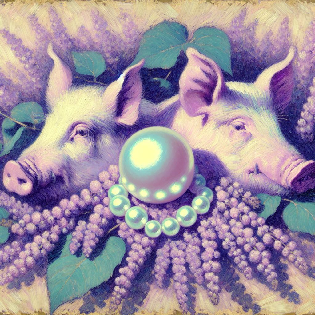 an impressionist style painting depicting the phrase "pearls before swine" with a general color motif of lavender