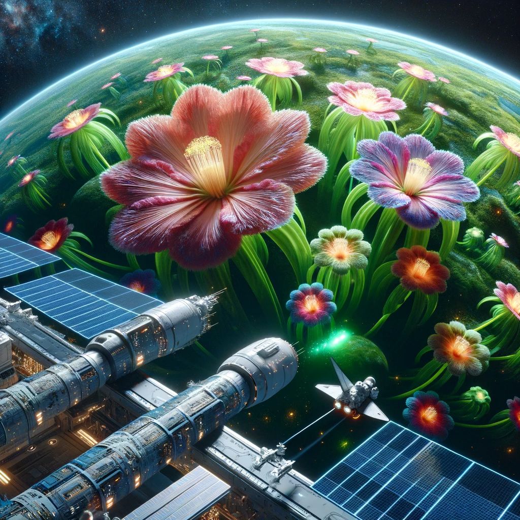 DALL·E 2024-01-24 13.38.30 - A futuristic digital image showing a space station orbiting a lush, green planet, where the planet's surface is covered in gigantic, colorful flowers