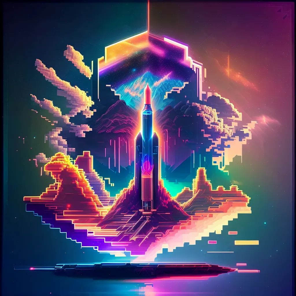 Colorful, pixelated rocket ship launching in vibrant, retro video game style