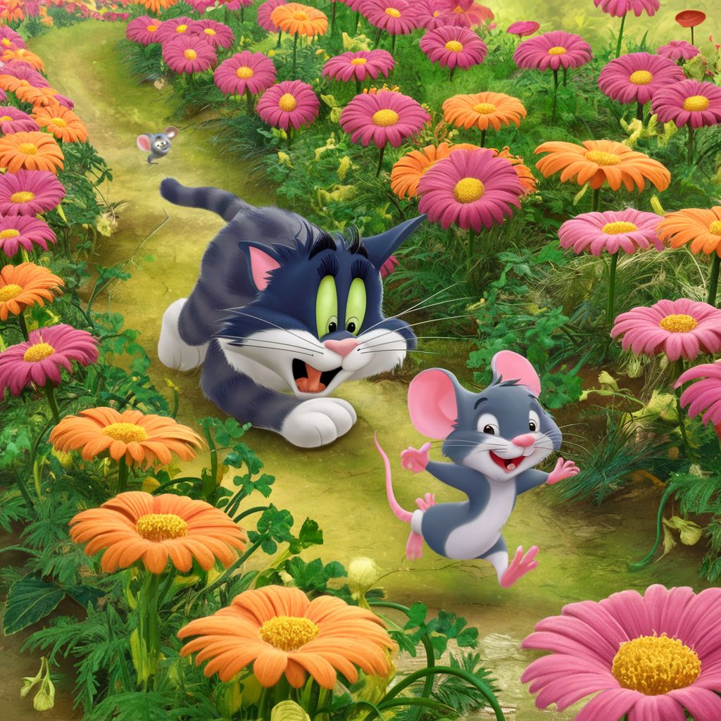 A delightful animated sequence featuring a mischievous cat chasing a clever little mouse through a vibrant, flower-filled garden. As thecat pounces, the flowers in its path regenerate, creating a never-ending obstacle course. The mouse, with a smile on its face, seems to be enjoying the game, while the cat looks increasingly frustrated. The animation is filled with bright colors and a whimsical, playful atmosphere.