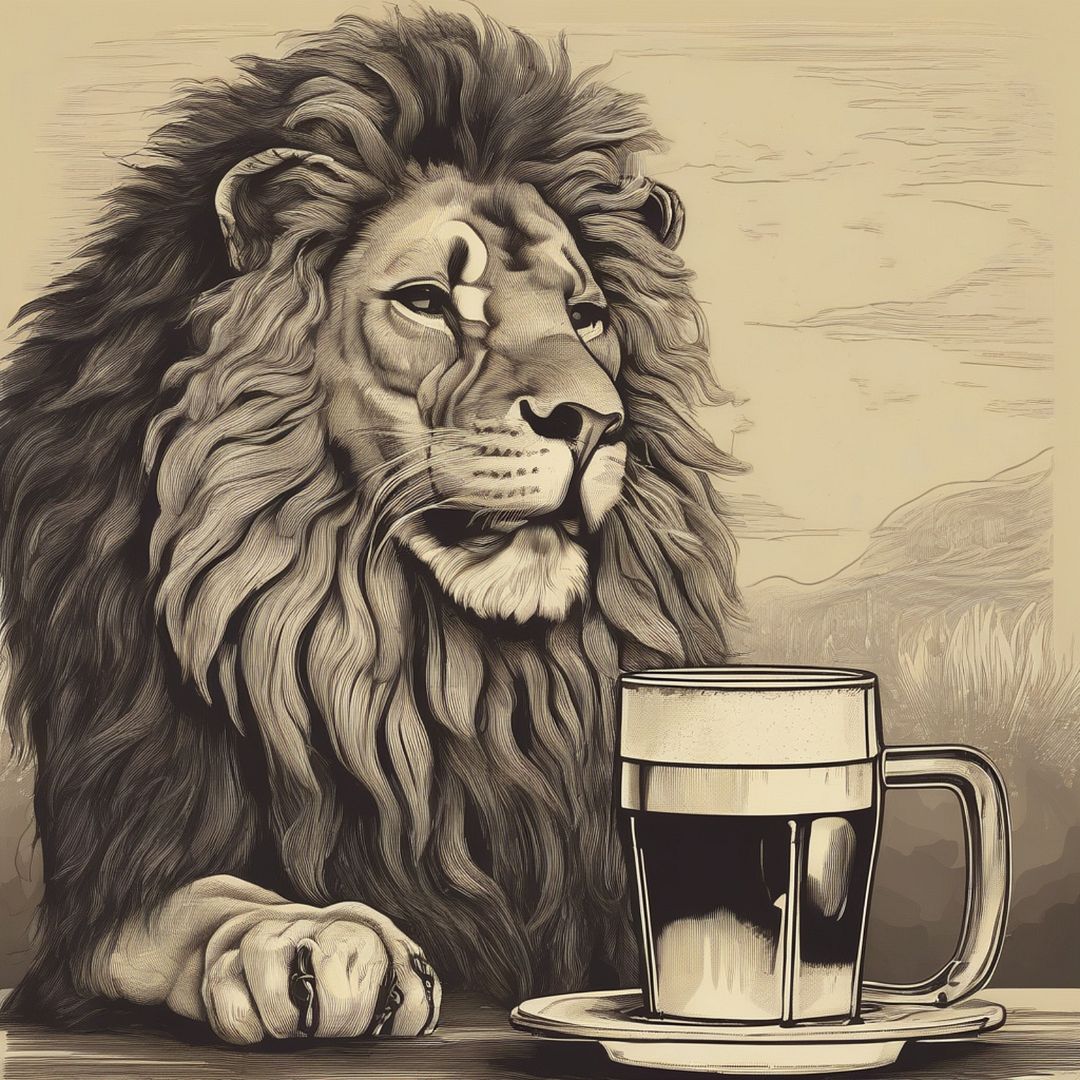 Lion drinking stout