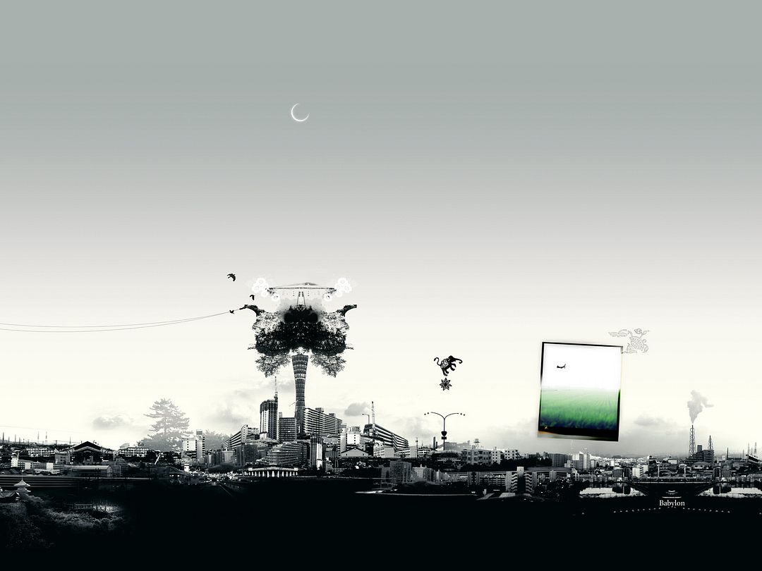 The image shows an urban landscape with various elements and abstract shapes.  Dystopia is a genre that is a critical description of a utopian type of society.  It is an imaginary world or society in which people lead miserable, inhuman, fearful lives.   Dystopias usually describe social and man-made disasters, the collapse of social ideas, illusions and ideals.   Characteristic features of dystopia:  the image of a society built on fear, suppression of personality, complete lack of individuality;  the lack of personal space for the heroes, total control over all spheres of society by the state;  Ritualization of life: Dystopian societies live in a certain system where each person has his own place;  the collapse of basic human values and achievements: the destruction of culture, the prohibition of spiritual love, the lack of freedom.