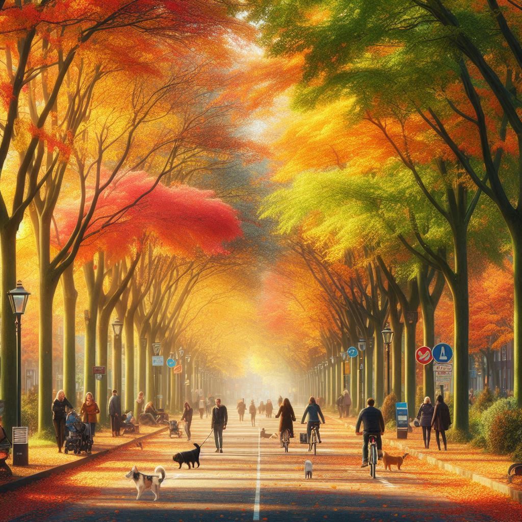 A tree-lined street with autumn leaves