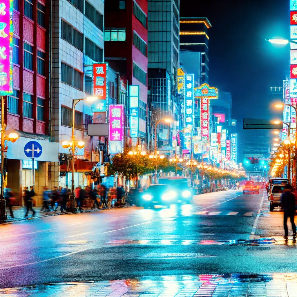 A bustling city street at night with bright neon signs and reflections from recent rain