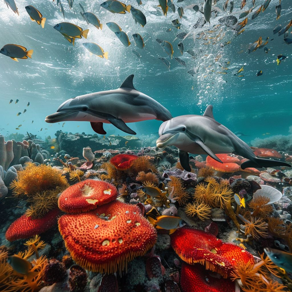 Dolphins liiving in symbiosis with red mushrooms