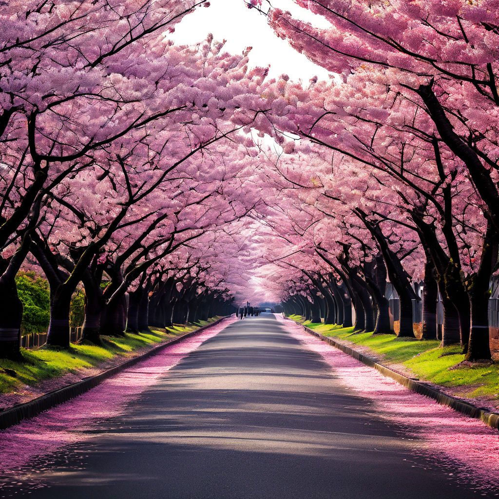 a road full of white and pink cherry blossom leaves