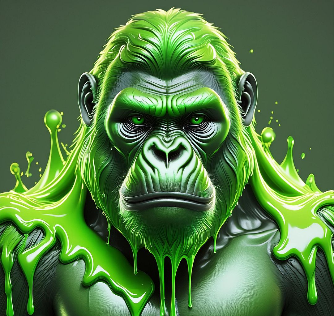 evil animal gorilla melted , photorealistic, hyper detailed, reflections, melted colors gree (3)