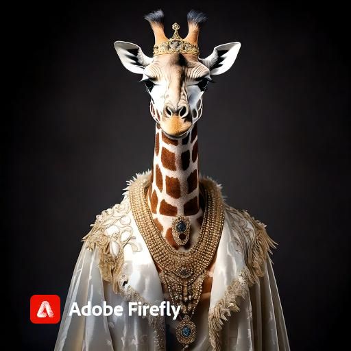 Firefly A majestic giraffe portrayed as the regal Queen of the Jungle, standing tall with a confiden