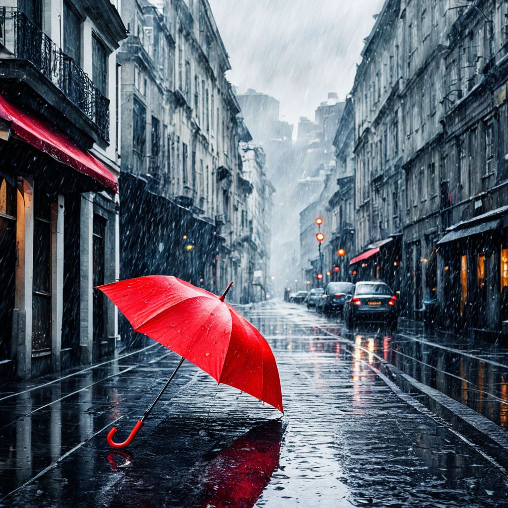 A red umbrella on a rainy day