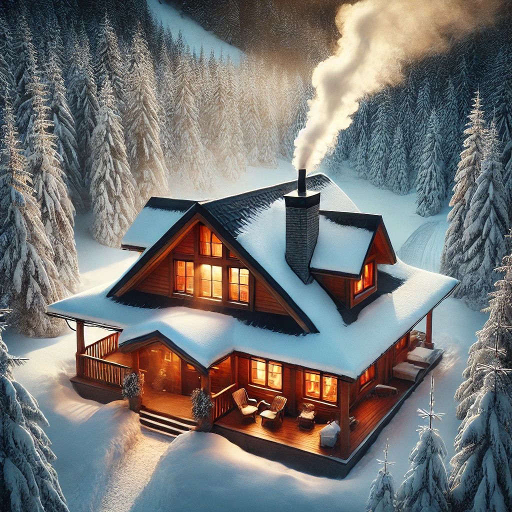 A cozy winter cabin in the woods with snow-covered trees and warm light glowing from the windows