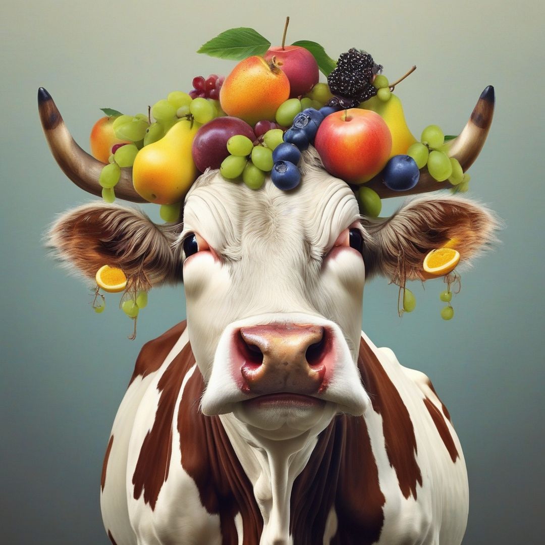 cow with fruit on head