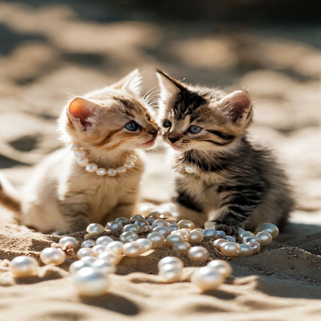 kittens playing with pearls