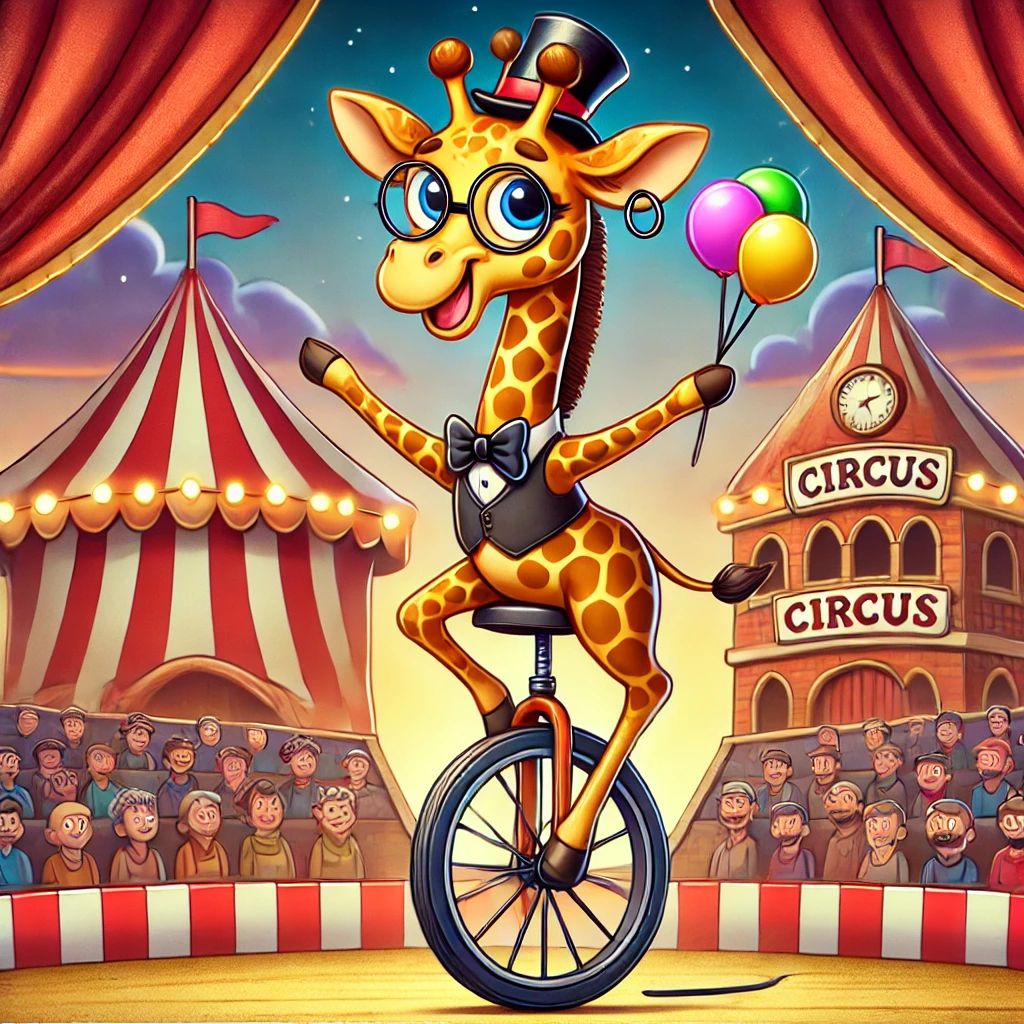 42. A humorous scene of a giraffe in a top hat riding a unicycle in a circus