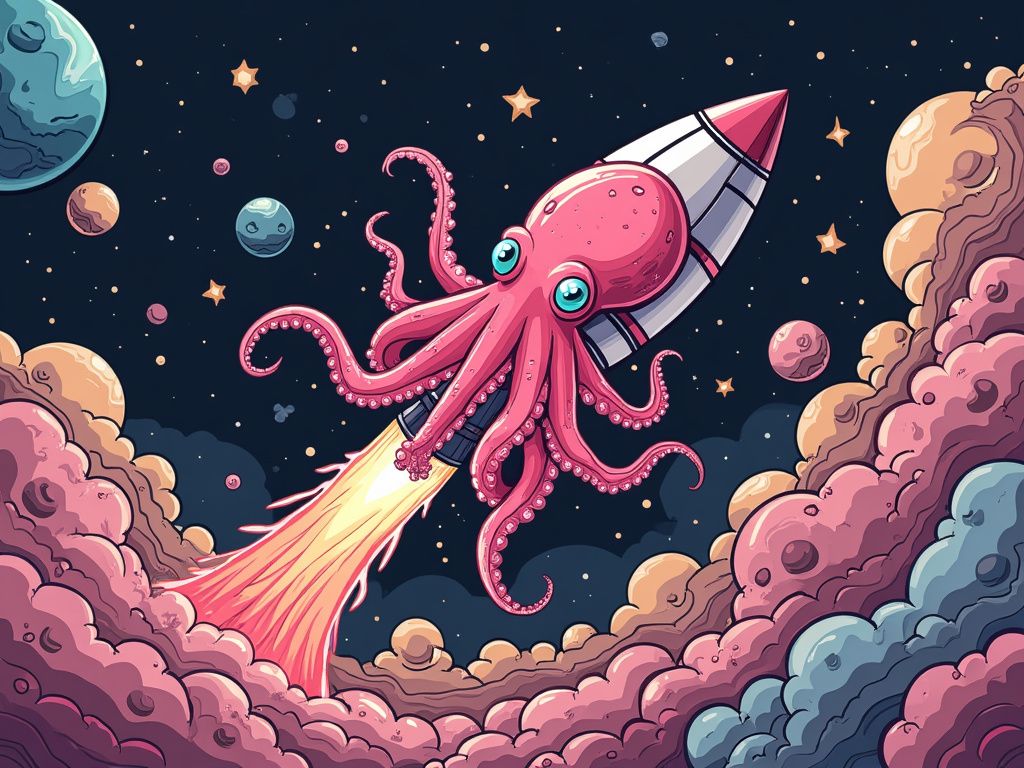 pink octopus in space rocket