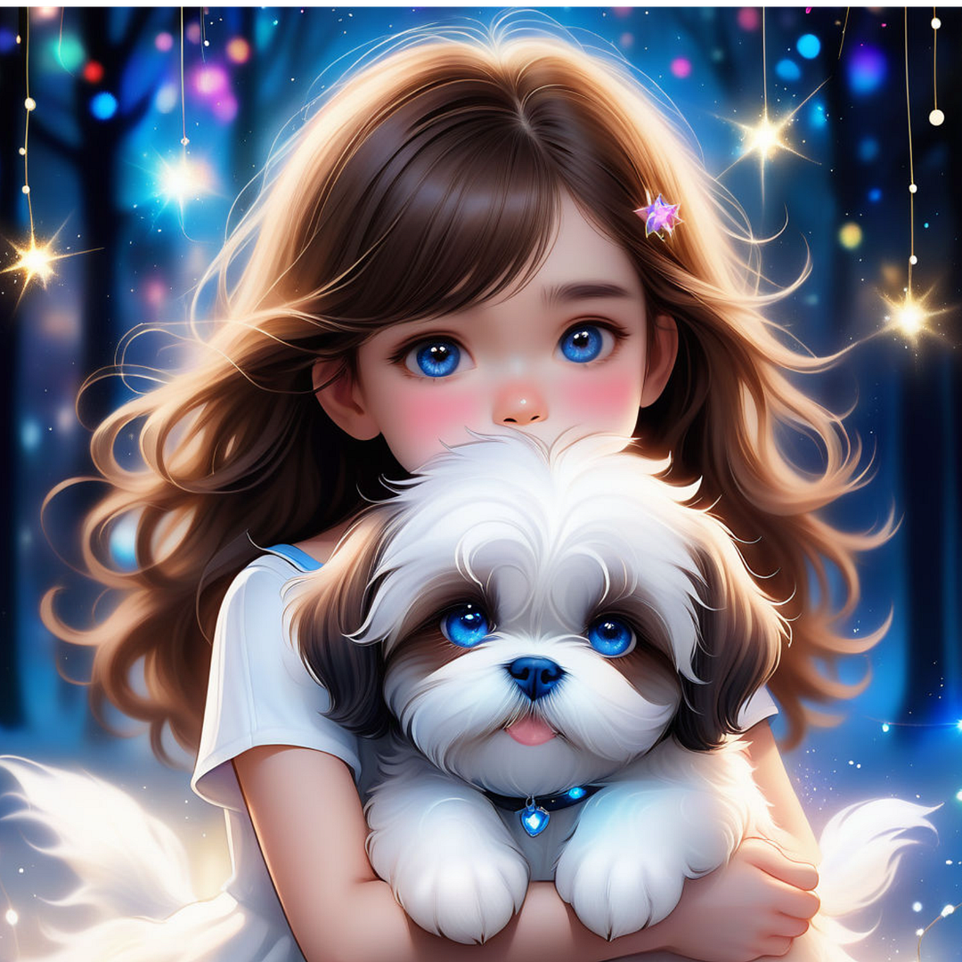 a little girl with puppy