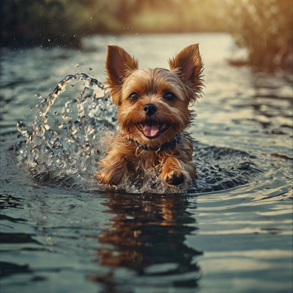 cute little dog run in a water