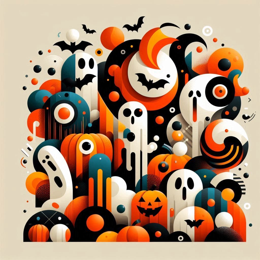 modern contemporary art piece embodying the spirit of Halloween with abstract shapes, vibrant colors, traditional symbols like pumpkins, ghosts, and bats, and a modern artistic flair