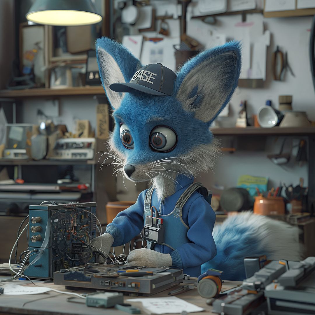 The fox cub Base repairs the computer