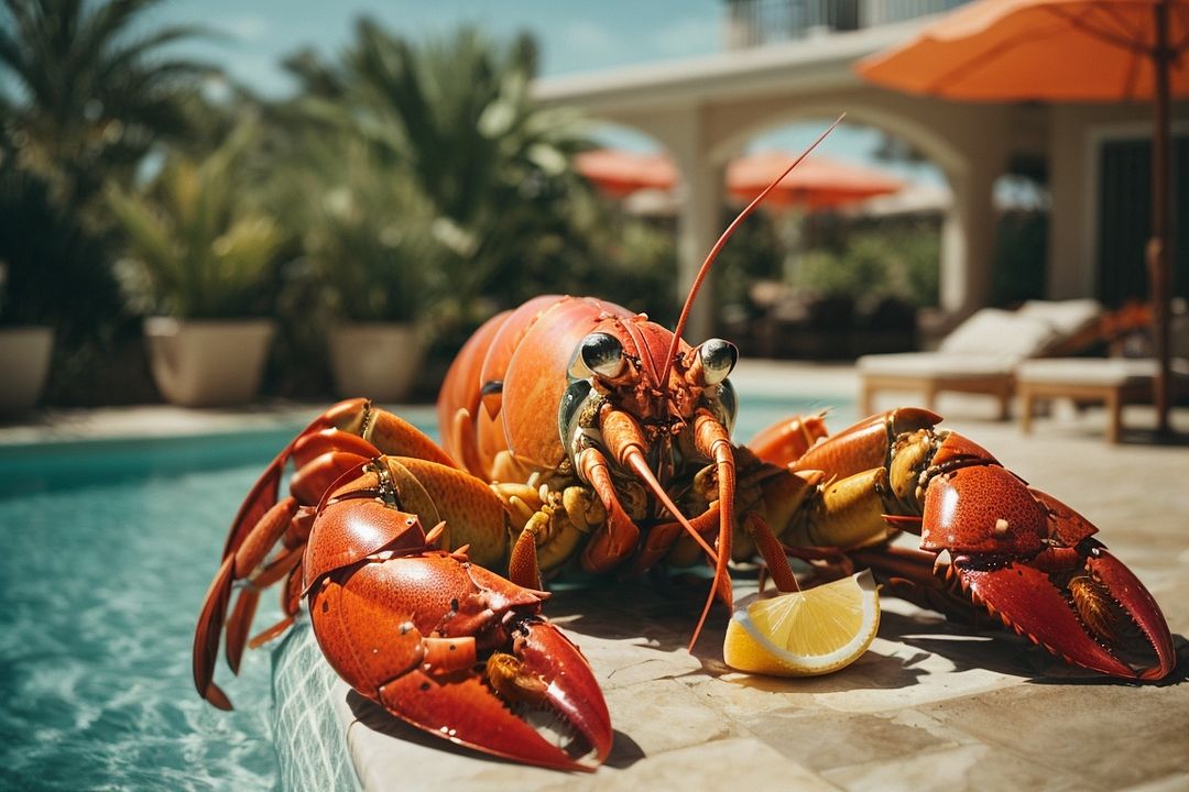 PhotoReal_A_majestic_lobster_lounging_by_the_pool_sipping_on_a_3