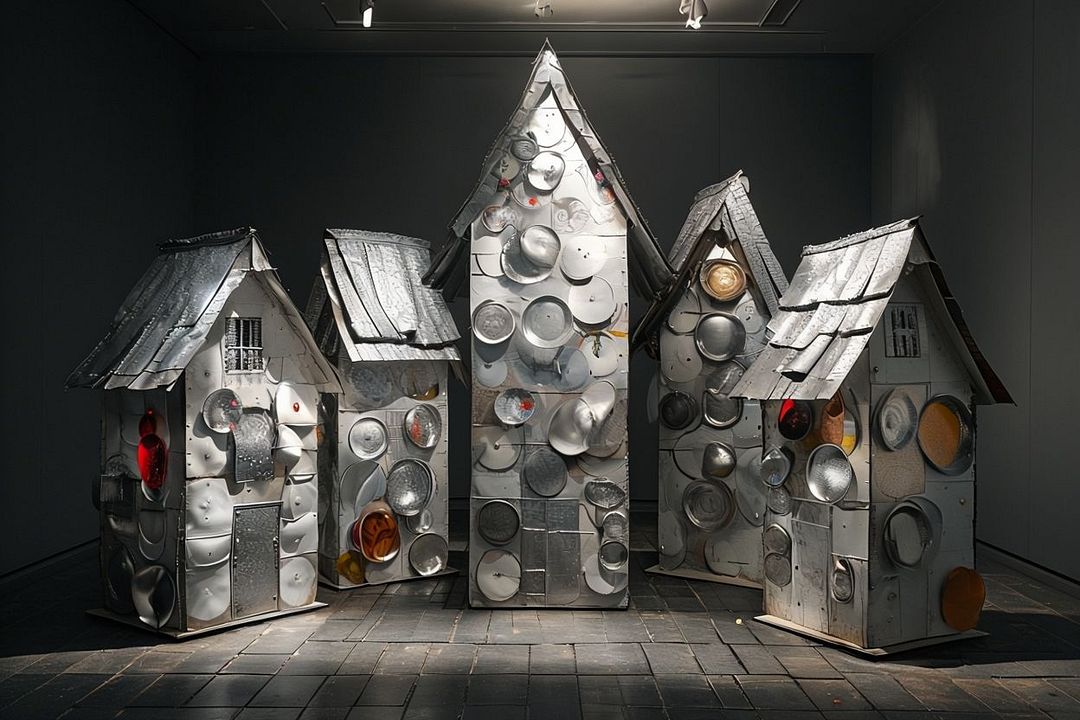 Art Installation With Miniature House Sculptures In Dim Gallery