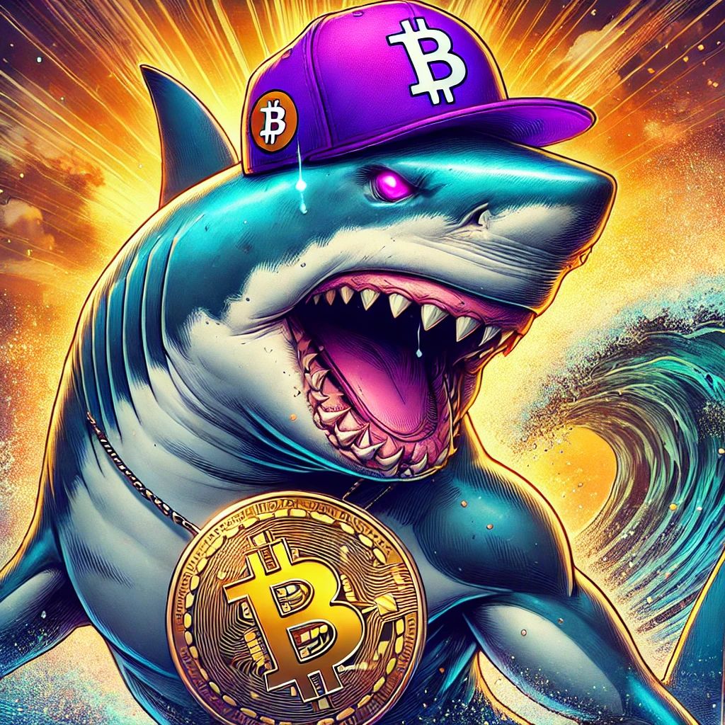 DALL·E 2024-09-17 17.51.33 - A realistic and highly detailed comic book style image of a shark, inspired by Marvel comics. The shark is wearing a purple hat and has a Bitcoin symb