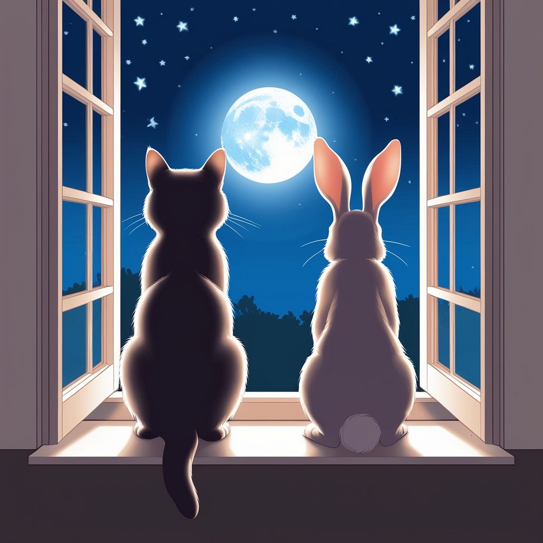 Cat, rabbit and moon