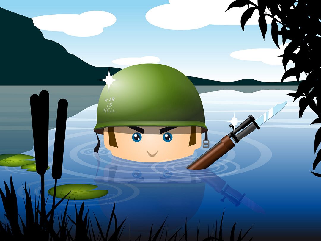 The image shows a cartoon military man in a green helmet with a rifle, who is in the water with a weapon.  A cartoon military man in a green helmet with a rifle