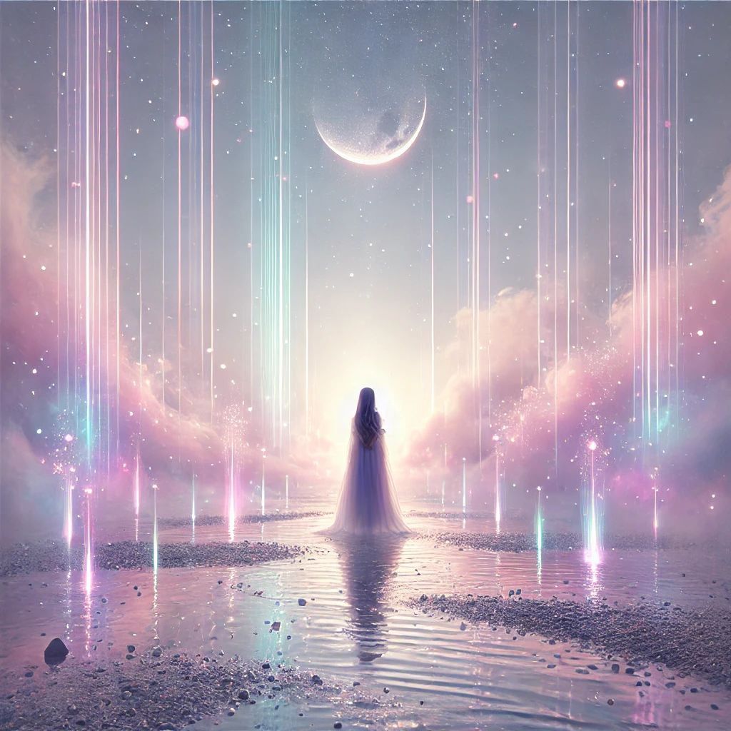 A girl standing in shallow water, surrounded by glowing lights and a crescent moon. A dreamy scene painted with pastel tones, evoking peace and magic. ✨🌙 What do you think? How does it make you feel?