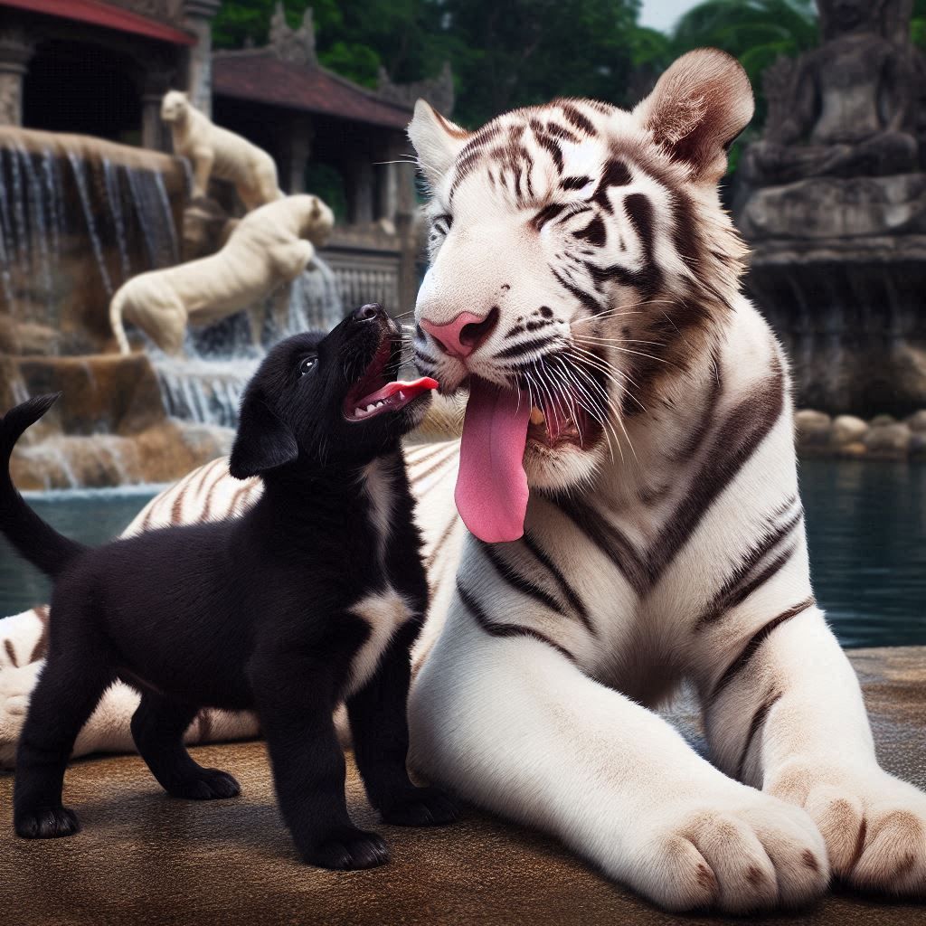 white tiger playing with black simba dog