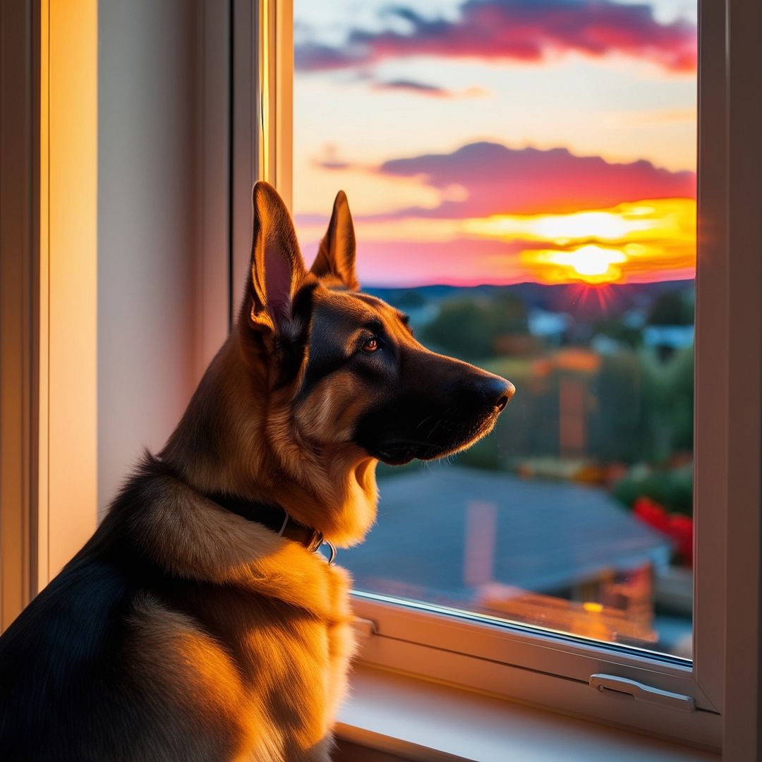 A German Shepherd dog is longingly looking out a window