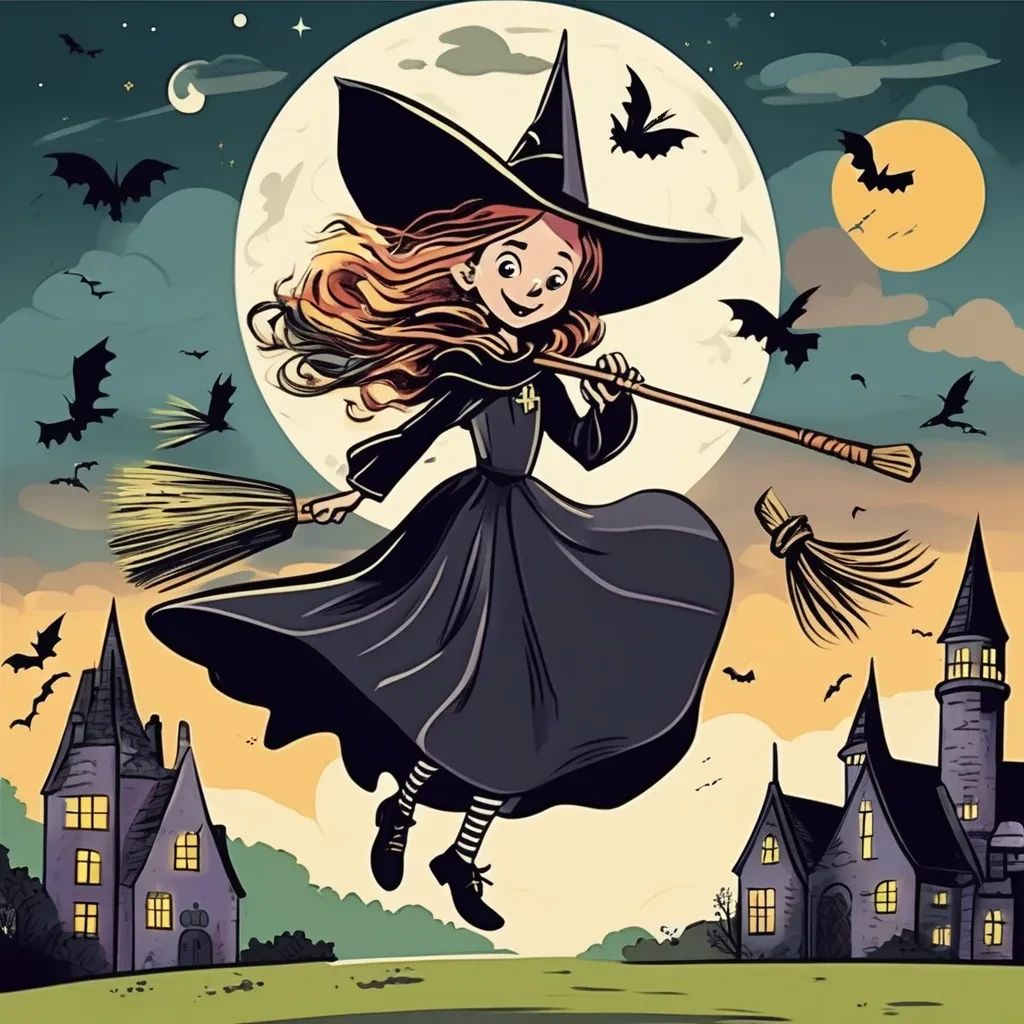 Witches flying on broomsticks to Cackles Academy