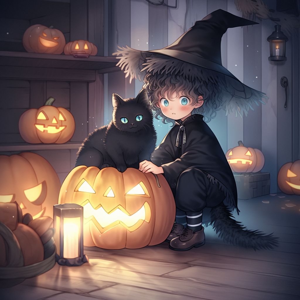 A boy and a black cat on Halloween