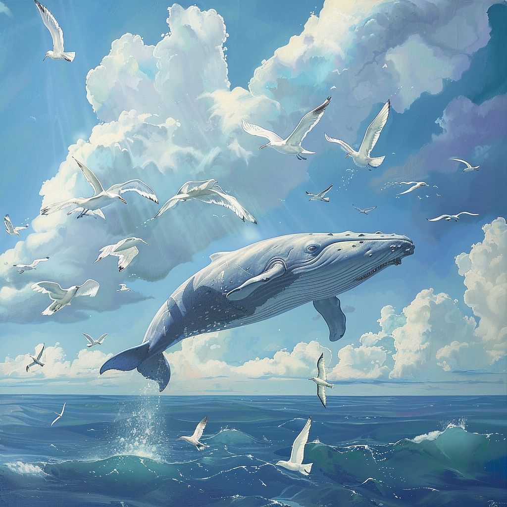 Flying whale and seabirds