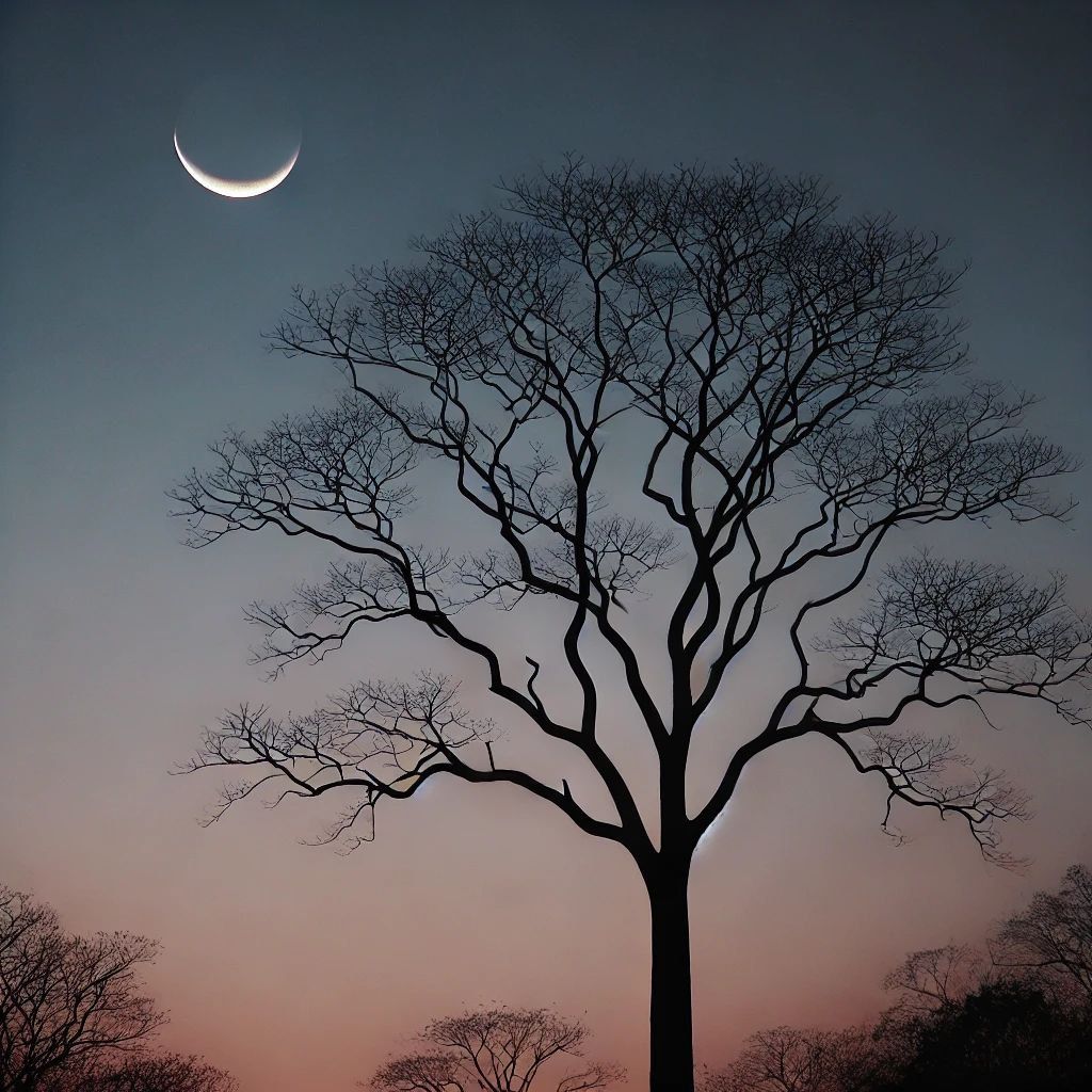 In the silence of twilight 🌙, the crescent moon glows softly as the tree branches fade into the dim sky. A moment between day and night, where nature breathes with a serene, dreamlike calm