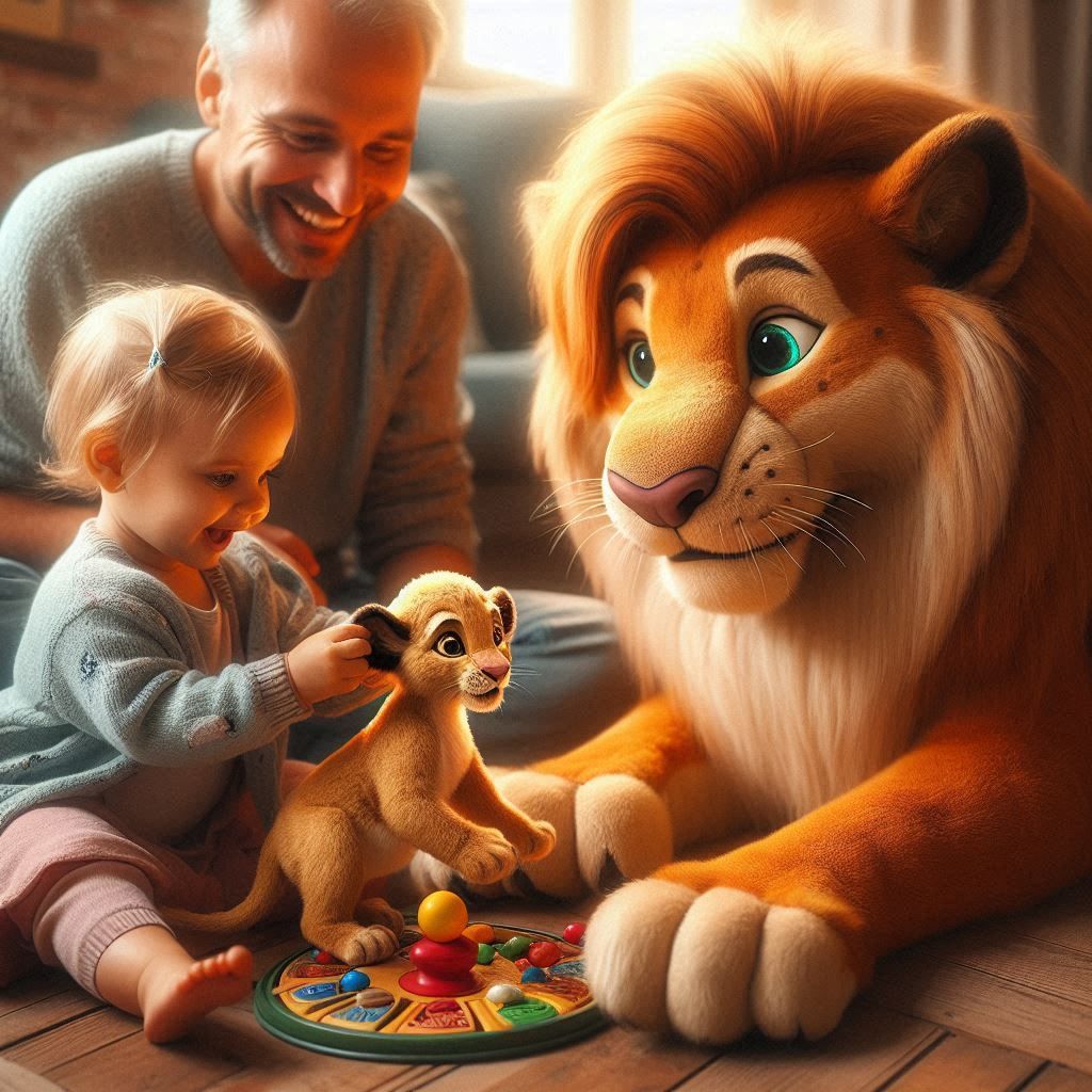 the simba dog playing games with the father and little daughter