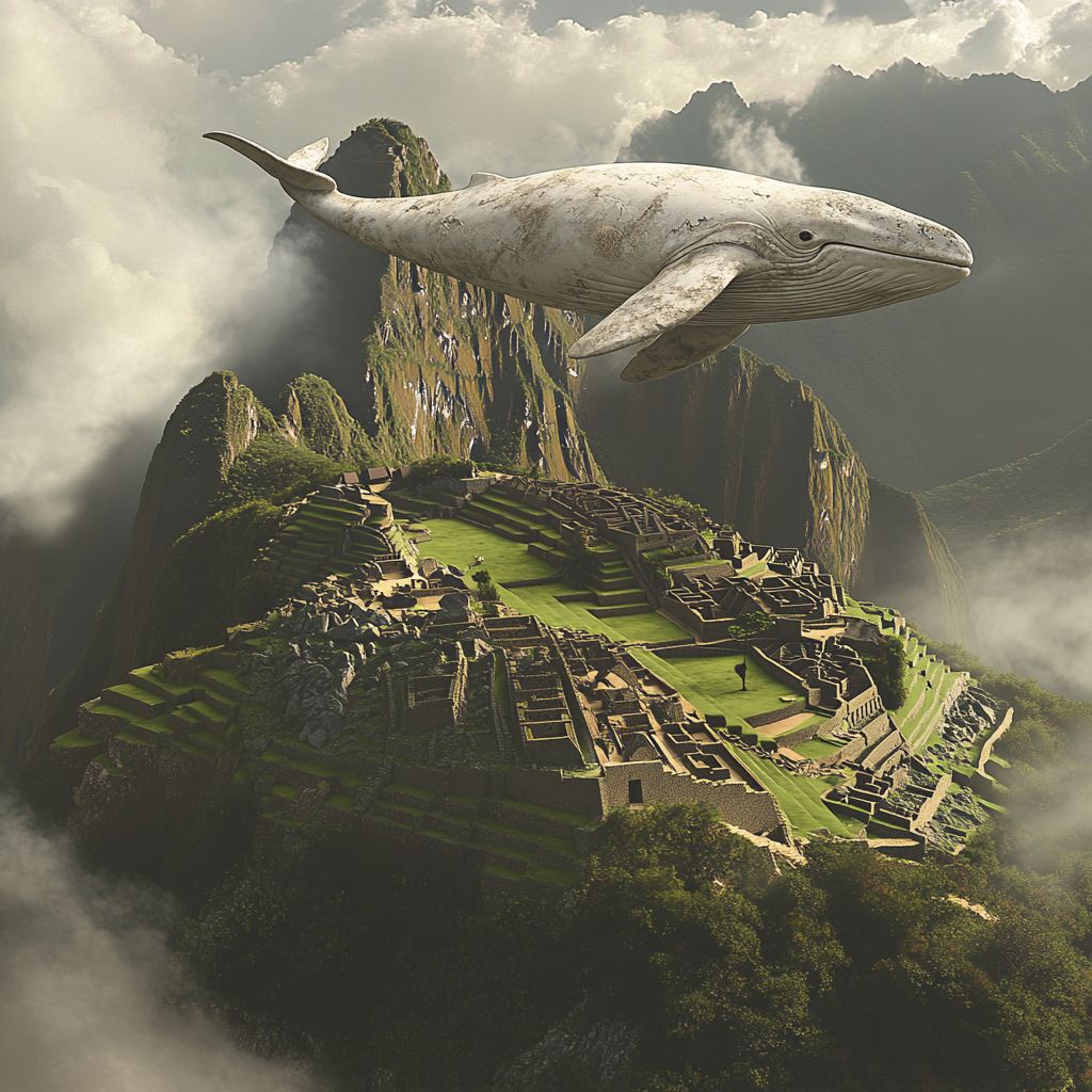 Moby Dick flying over Machu Picchu ruins