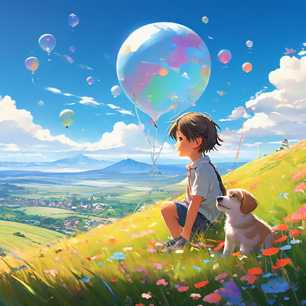 a child and a dog on a hill