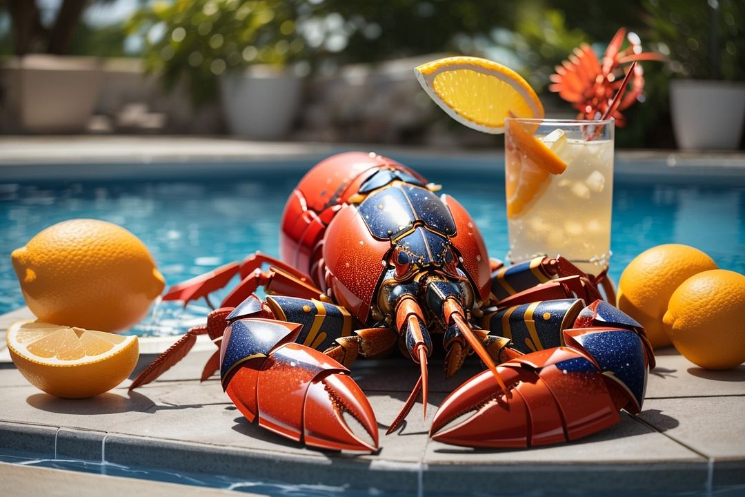 DreamShaper_v7_A_majestic_lobster_lounging_by_the_pool_sipping_0